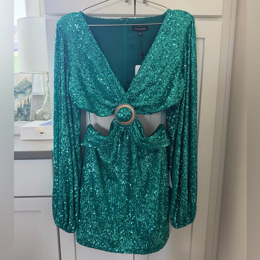 Aqua Sequin Long Sleeve Nadine Merabi Dress